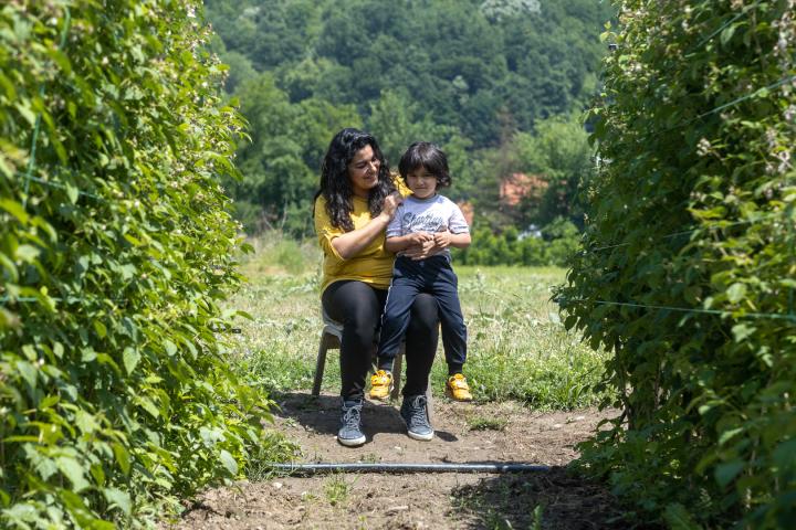 امرأة مع طفل على ركبتيها تجلس بين صفين من نباتات التوت وتبتسم.