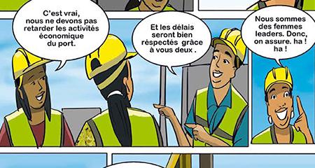 Ein Ausschnitt aus einem Comic in französischer Sprache. Zu sehen sind Frauen und Männer auf einer Baustelle.