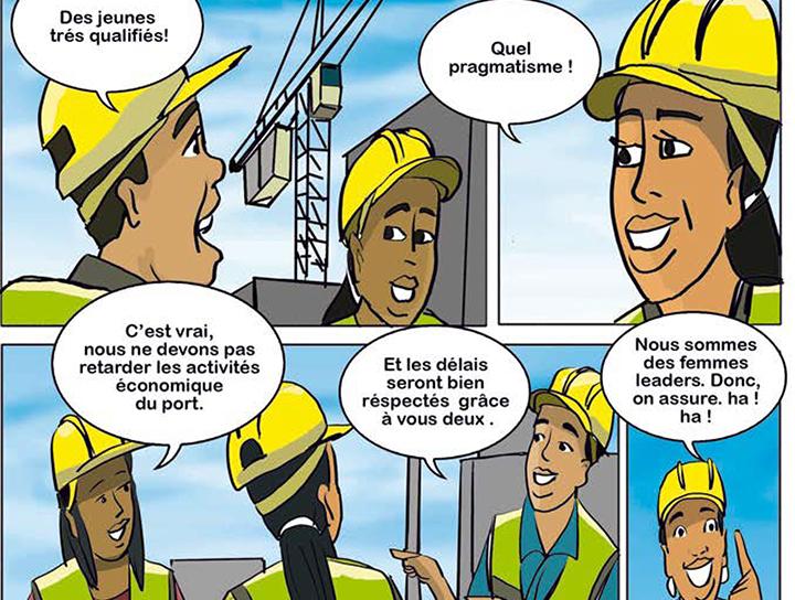 Ein Ausschnitt aus einem Comic in französischer Sprache, darauf Frauen und Männer auf einer Baustelle.